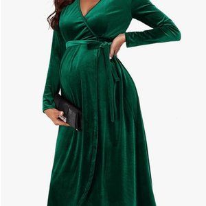 AISWI 2023 Emerald Green Velvet Maternity Wrap Dress Long Sleeves Fall Winter